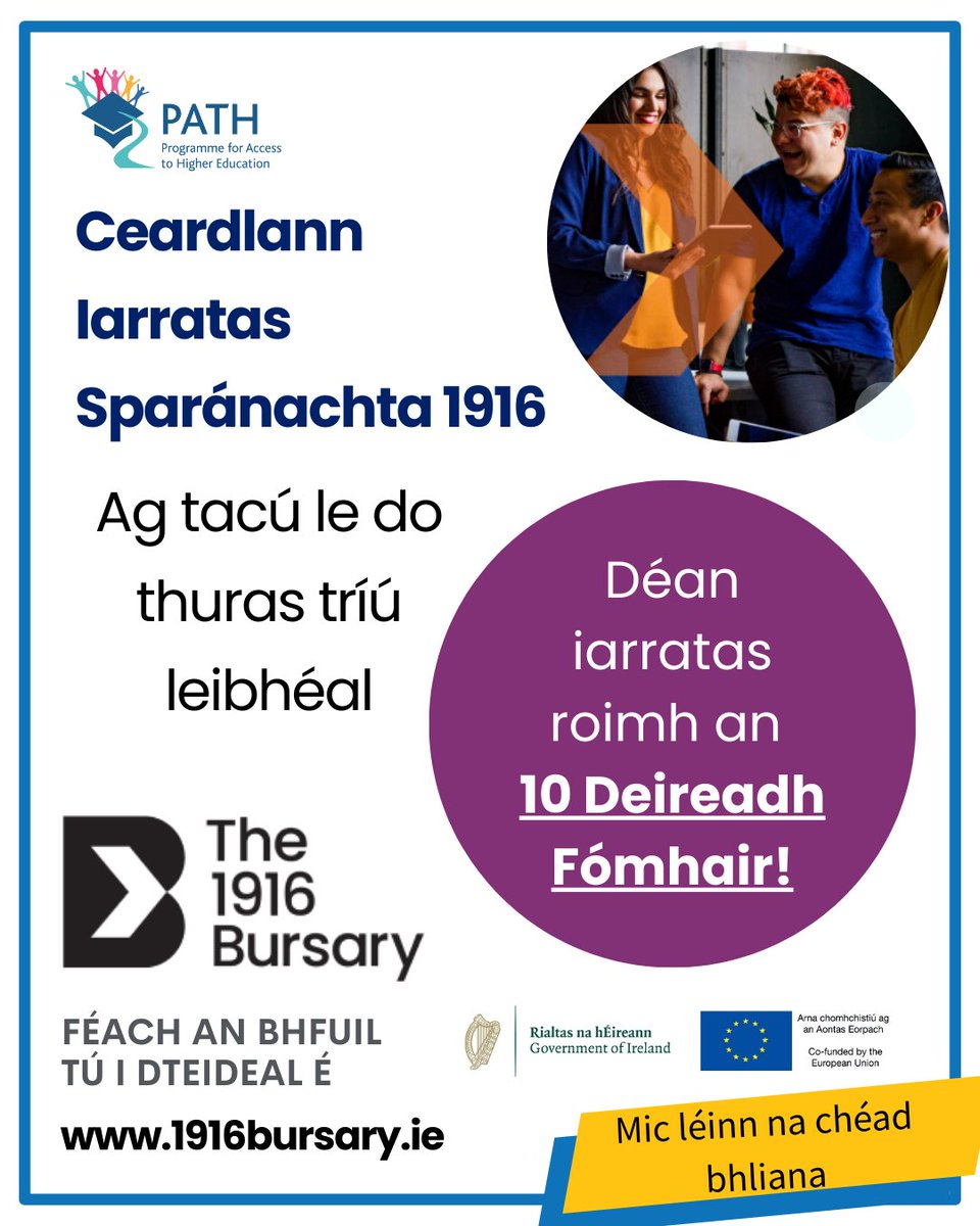 AccessTCD's tweet image. A reminder that the 1916 Bursary is accepting applications until 5pm on the 10th of October! 🗓️

This is a life-changing bursary for first-year undergraduate students who are from groups most under-represented in third level education. 🎓

Find out more at 1916bursary.ie