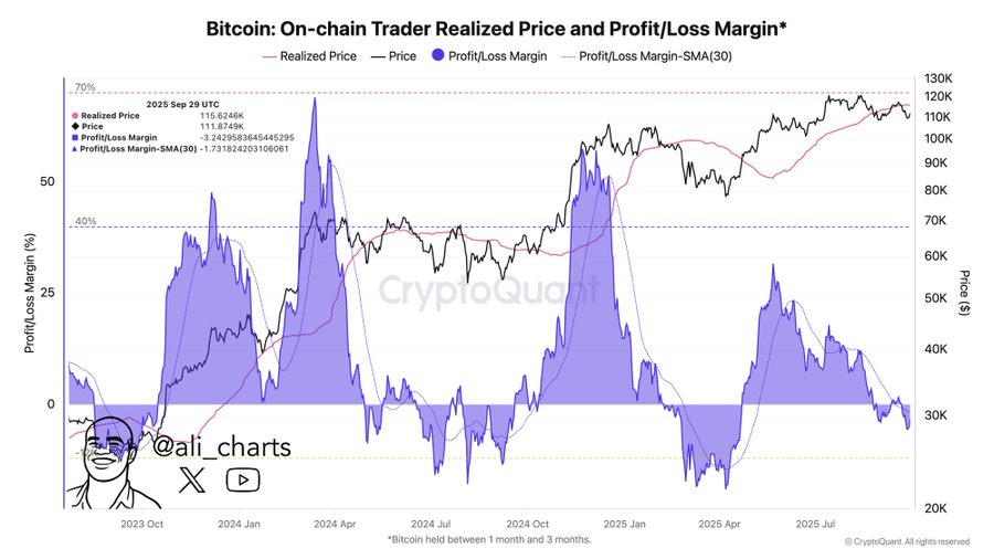A chart displaying Bitcoin price movements over time, with purple shaded areas indicating profit and loss margins. Red and blue lines represent realized price and profit/loss margin. Text overlays include "Bitcoin: On-chain Trader Realized Price and Profit/Loss Margin" and labels like "Realized Price - Price / Profit/Loss Margin (30d MA)." A watermark from CryptoQuant is visible.