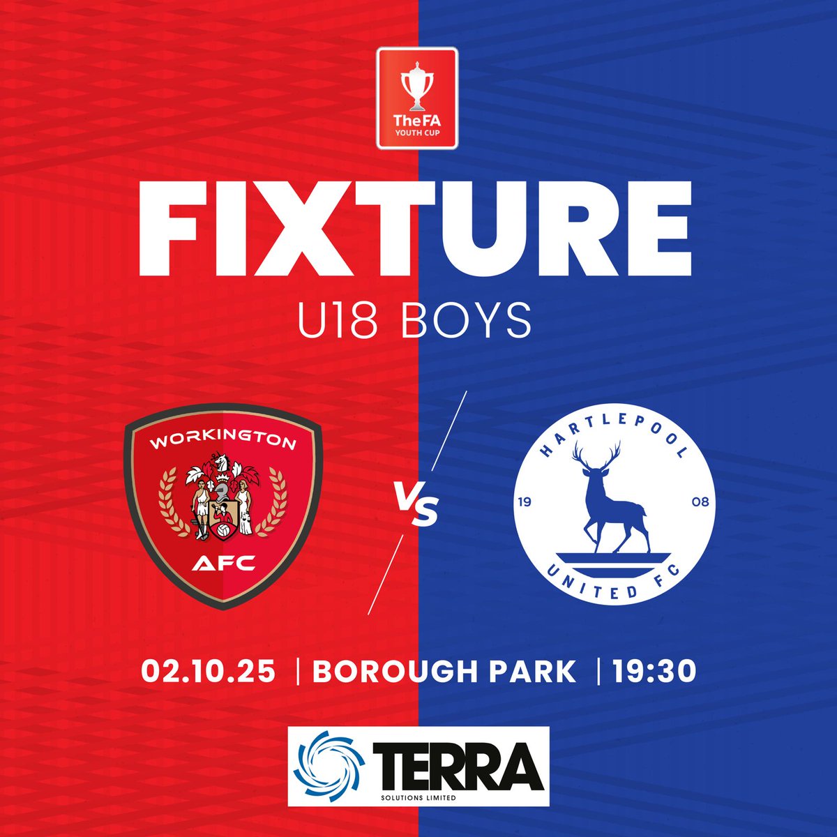 𝗙𝗔 𝗬𝗼𝘂𝘁𝗵 𝗖𝘂𝗽 🏆 

Our under 18's are back in action this Thursday in the FA Youth Club 2nd qualifying round, the opponents Hartlepool United.

Admission £5 adults, £3 Concessions.

#OurTownOurTeam #RootedInRed