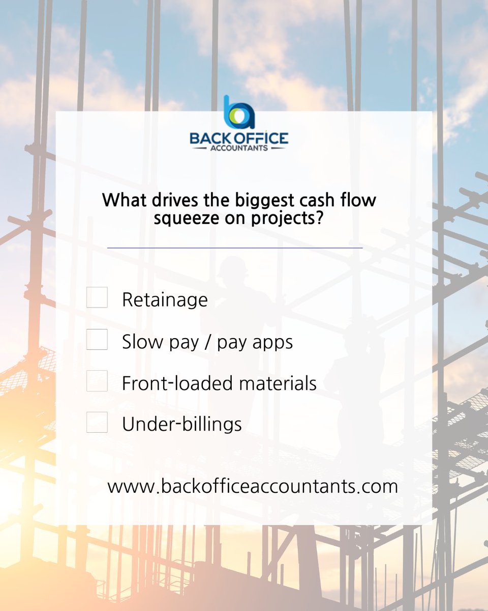 Backofficeacco's tweet photo. Where does project cash flow hurt most? Vote below. 👇
Retainage • Slow pay / pay apps • Front-loaded materials • Under-billings
#ConstructionAccounting #CashFlow #Contractors https://t.co/G1F1S0kXvp