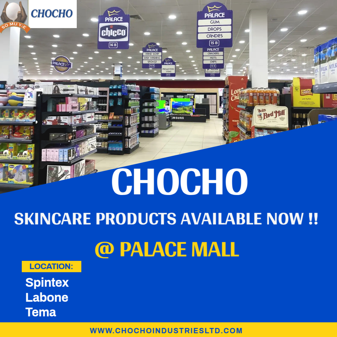 MrChocho7's tweet image. Exciting news!  Chocho products are now available at 𝐏𝐀𝐋𝐀𝐂𝐄 𝐌𝐀𝐋𝐋—Spintex, Labone, and Tema branches. 
Shop your favorite 𝐒𝐊𝐈𝐍𝐂𝐀𝐑𝐄 𝐏𝐑𝐎𝐃𝐔𝐂𝐓𝐒 with ease at a location near you. Convenience just got better with Chocho!  #PalaceMall #Spintex #Labone #Tema