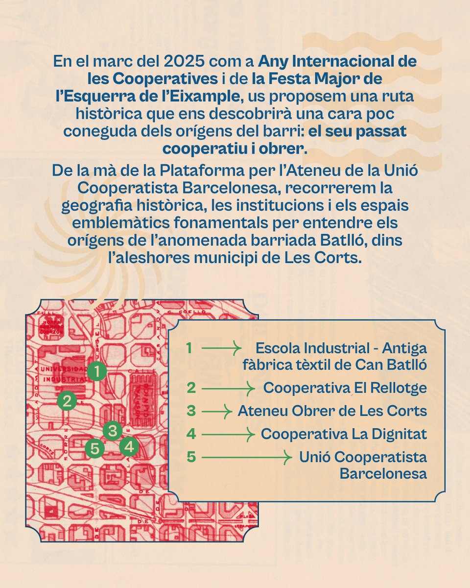 ciutatinvisible's tweet photo. 🗓️El dissabte 11 d'octubre en el marc del #2025coop durant la Festa Major de l’Esquerra de l’Eixample us proposem una Ruta Històrica Cooperativa que ens descobrirà una cara poc coneguda del barri: el seu passat cooperatiu i obrer.  
Inscripcions https://t.co/ReybCbnPqI https://t.co/r2Tj2SSHnb