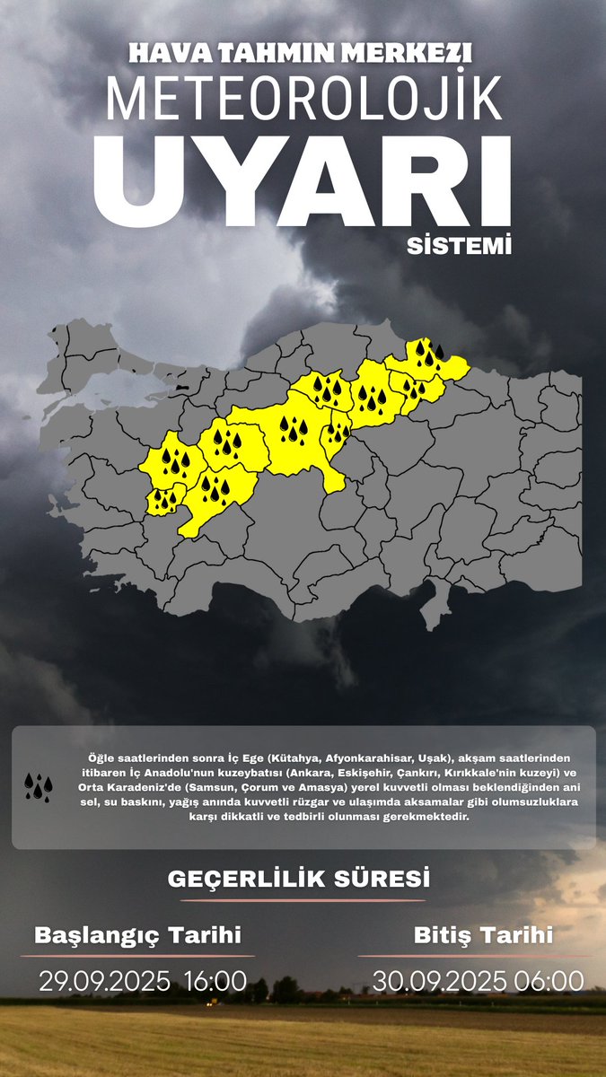 Sarı Kodlu Uyarı!
#Ankara #Çorum #Afyonkarahisar #Kütahya #Uşak #Amasya #Çankırı #Eskişehir #Samsun #Kırıkkale