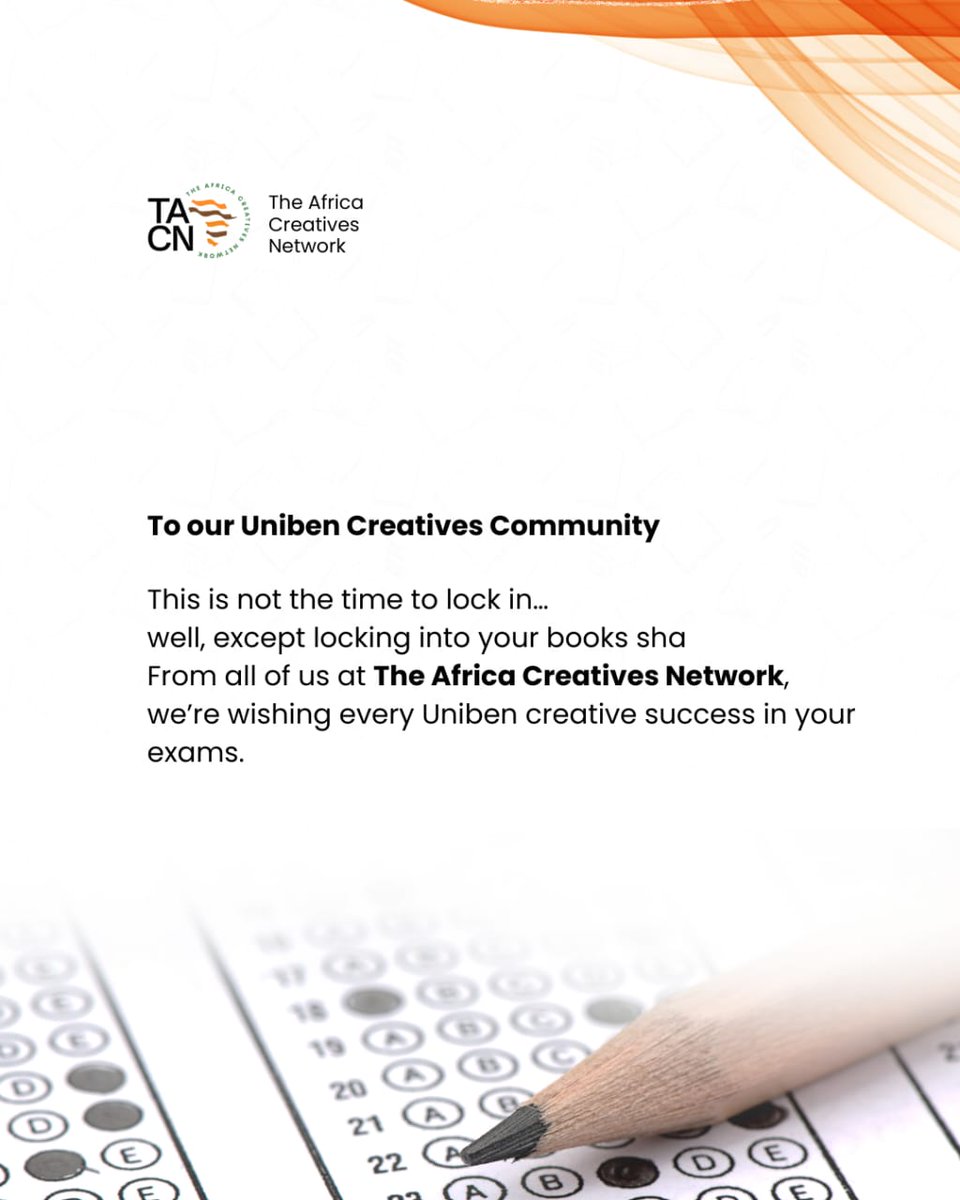 CreativeXComm's tweet image. This season isn’t for locking into vibes, but locking into your books 📖😉.

From all of us at The Africa Creatives Network, we’re rooting for every Uniben creative as you smash your exams.
Go make us proud!

#creativeconference
#Exams 
#TACN