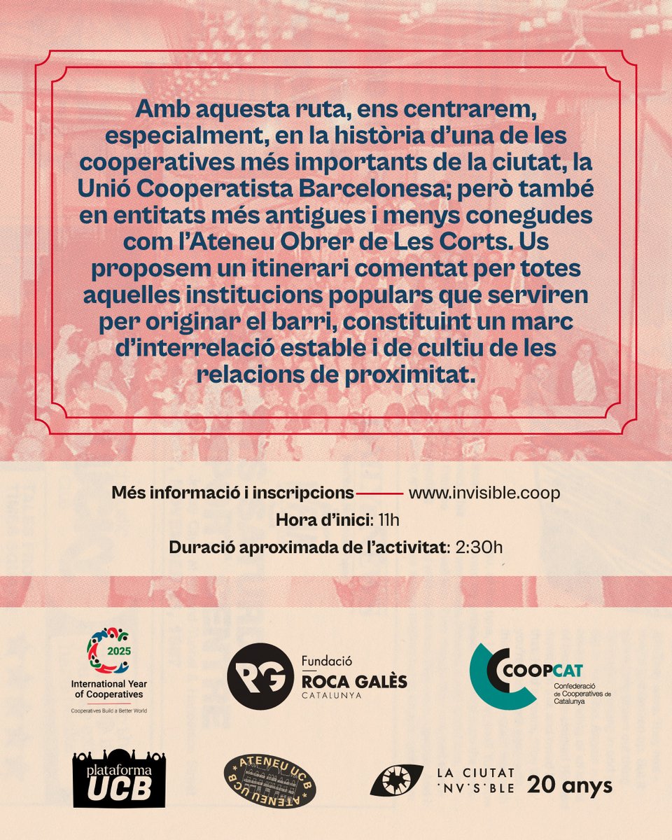 🗓️El dissabte 11 d'octubre en el marc del #2025coop durant la Festa Major de l’Esquerra de l’Eixample us proposem una Ruta Històrica Cooperativa que ens descobrirà una cara poc coneguda del barri: el seu passat cooperatiu i obrer.  
Inscripcions invisible.coop/event/139/ruta…
