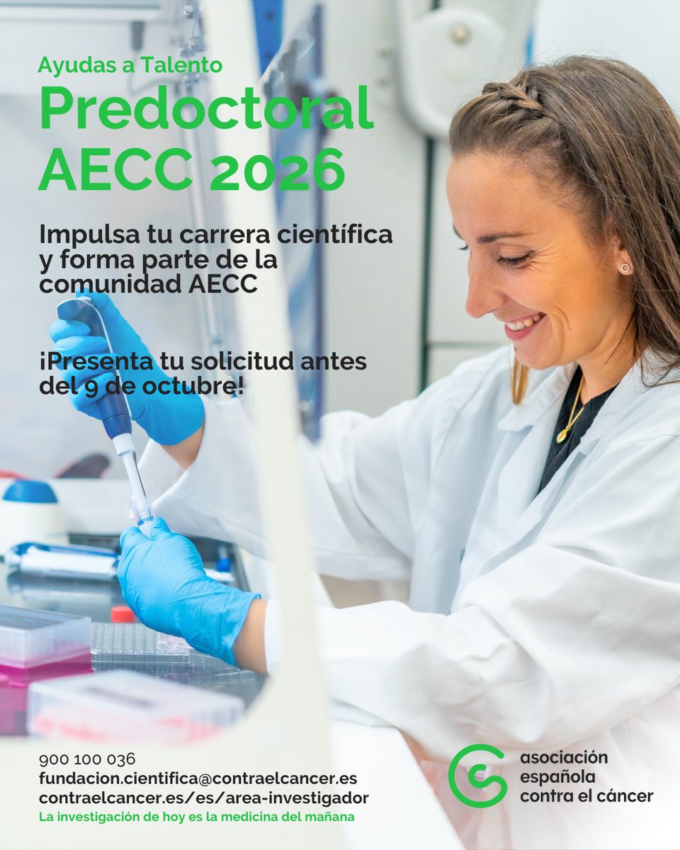 📣🔬La Asociación Española Contra el Cáncer ha abierto la convocatoria de sus Ayudas a Talento, un programa destinado a apoyar a investigadores en cáncer en diferentes etapas de su carrera

👉Más información: contraelcancer.es/es/area-invest…

#TodosContraElCáncer