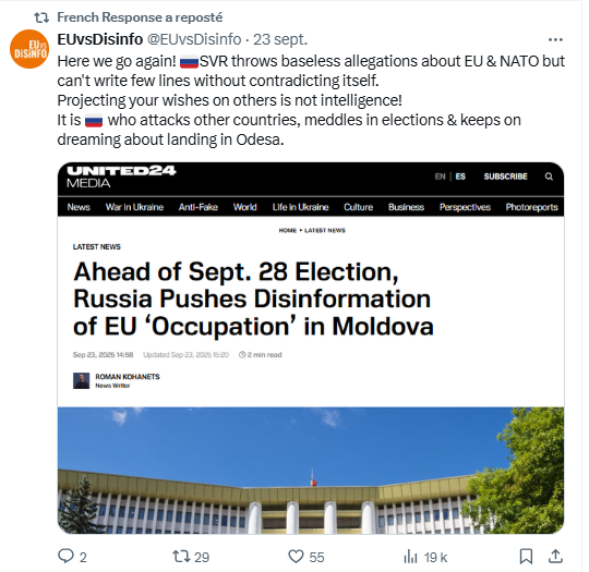 OL_C3307's tweet photo. Scandale #eudisinfolab c'est reparti ou presque.
Le compte officiel du Quai d'Orsay @FrenchResponse retweete le compte propagandiste 🇪🇺 euro-atlantiste @EUvsDisinfo conduit par la European External Action Service East Stratcom Task Force, explicitement créée en réponse aux « campagnes de désinformation de la Russie ».
#Moldavie #Russophobie #Propagandes #GuerreDeLinformation