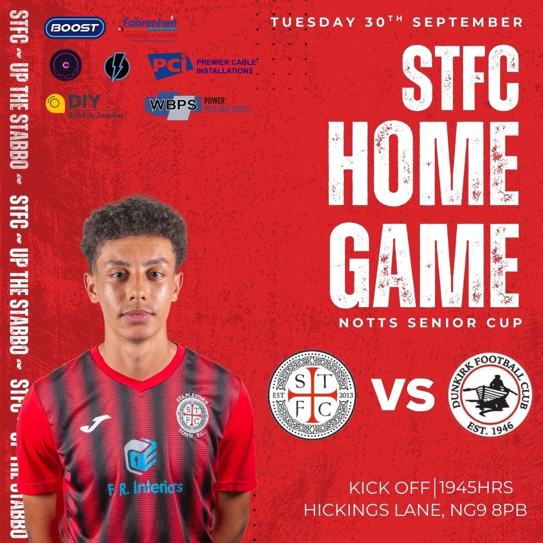 🏆 Notts Senior Cup
📍 Hickings Lane
🗓 Tues 30 Sept
⏰ 7:45pm KO

The Saxons face Dunkirk FC at home under the lights 🔴⚫️👊

#StaplefordTownFC #UpTheStabbo #NottsSeniorCup