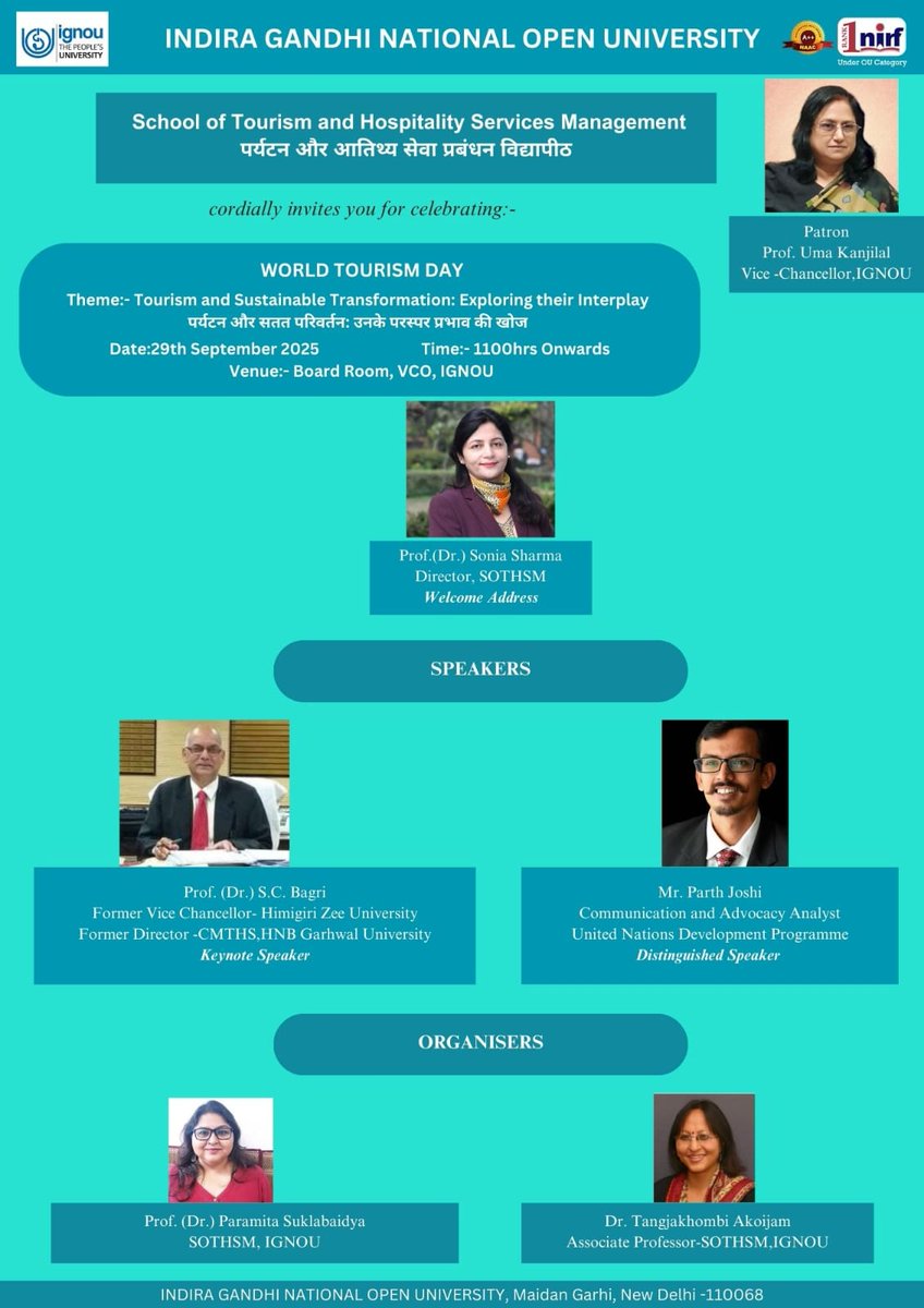 OfficialIGNOU's tweet image. The School of Tourism and Hospitality Services Management (SOTHSM), Indira Gandhi National Open University (IGNOU) organized a special event to celebrate World Tourism Day on the theme “Tourism and Sustainable Transformation: Exploring their Interplay.”

#WorldTourismDay
