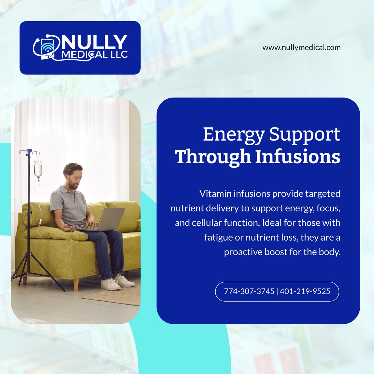 nullymedllc's tweet photo. Low energy doesn’t have to slow you down. Our infusion therapy helps restore nutrients and recharge your body naturally. Ready to feel revitalized? Reach out today. 

#PlainvilleMA #HealthcareServices #VitaminSupport https://t.co/4c9Qh6KbRD
