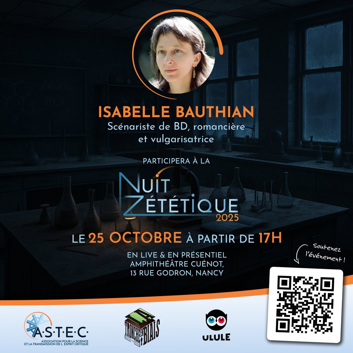 TroncheBiais's tweet photo. La campagne de financement de la Nuit Zététique 2025 atteint 60% . 

Le thème : « La science : en danger ? »   

L'@ASTEC_Officiel vous donne rdv le 25 octobre. Avec notamment Isabelle Bauthian, autrice, scénariste &amp; vulgarisatrice. https://t.co/gHgBAMpEQD
