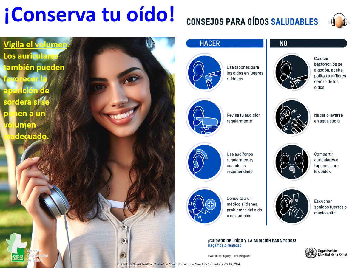 CONSERVA TU OÍDO

👉Para conservar una buena audición, es fundamental protegernos de sonidos fuertes.
👉Los auriculares pueden favorecer la aparición de sordera si se ponen a un volumen inadecuado.