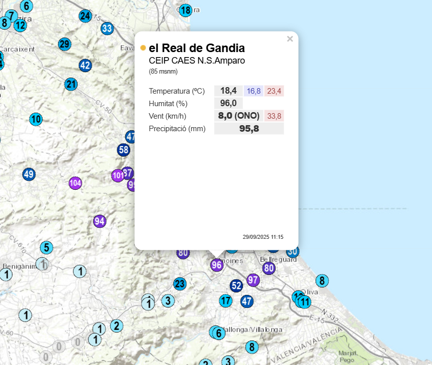 Atenció a les intensitats a la Safor: l'observatori del col·legi CEIP CAES N.S. Amparo de Real de Gandia acaba de sumar 50 l/m² en 20 minuts.

És una barbaritat d'intensitat!