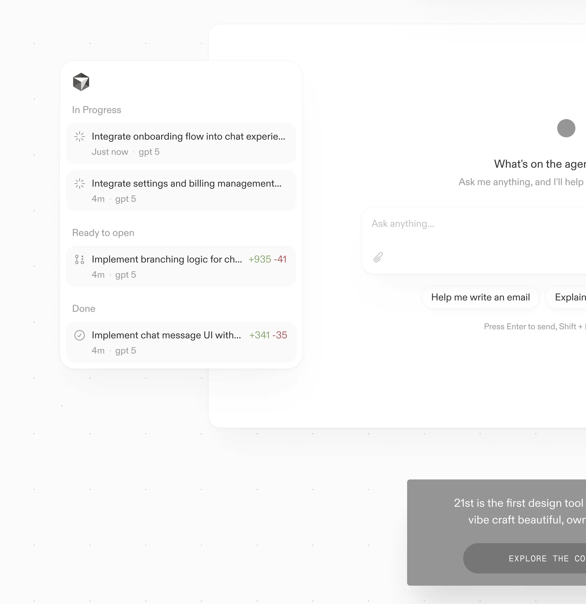 AI 디자인 도구 랜딩 — 도트 그리드 위 겹친 UI 조각