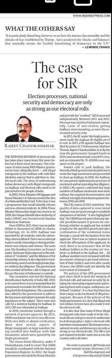 RajeevRC_X's tweet photo. The integrity of Electoral rolls is the cornerstone of our Democracy, Elections, and National Security.

During the 10 years of Congress and because of continued efforts by some INDI alliance state governments, many illegal voters have crept into voter rolls and/or been deliberately inserted into voter rolls.

Under the Congress, Aadhaar enrollment was deliberately lax, and this allowed several lakh non-residents to first get Aadhaar identity and then use that to enter the electoral rolls.

The Election Commission’s Special Intensive Revision (SIR) is the corrective process to address these errors and ensure accurate rolls. The need for SIR to remove non-Indians from the voters' list is not confined to our border states alone; it is essential across the country.

The SIR is vital for our democracy because clean, authentic electoral rolls are vital to ensure our Democracy represents the will of Indians and not representative of non-Indians.

With discussions around SIR gaining momentum, I am sharing an article outlining the circumstances that led to this exercise. 

Do read and share your views: https://t.co/hod4ITTK2h

#SIR #NewIndia