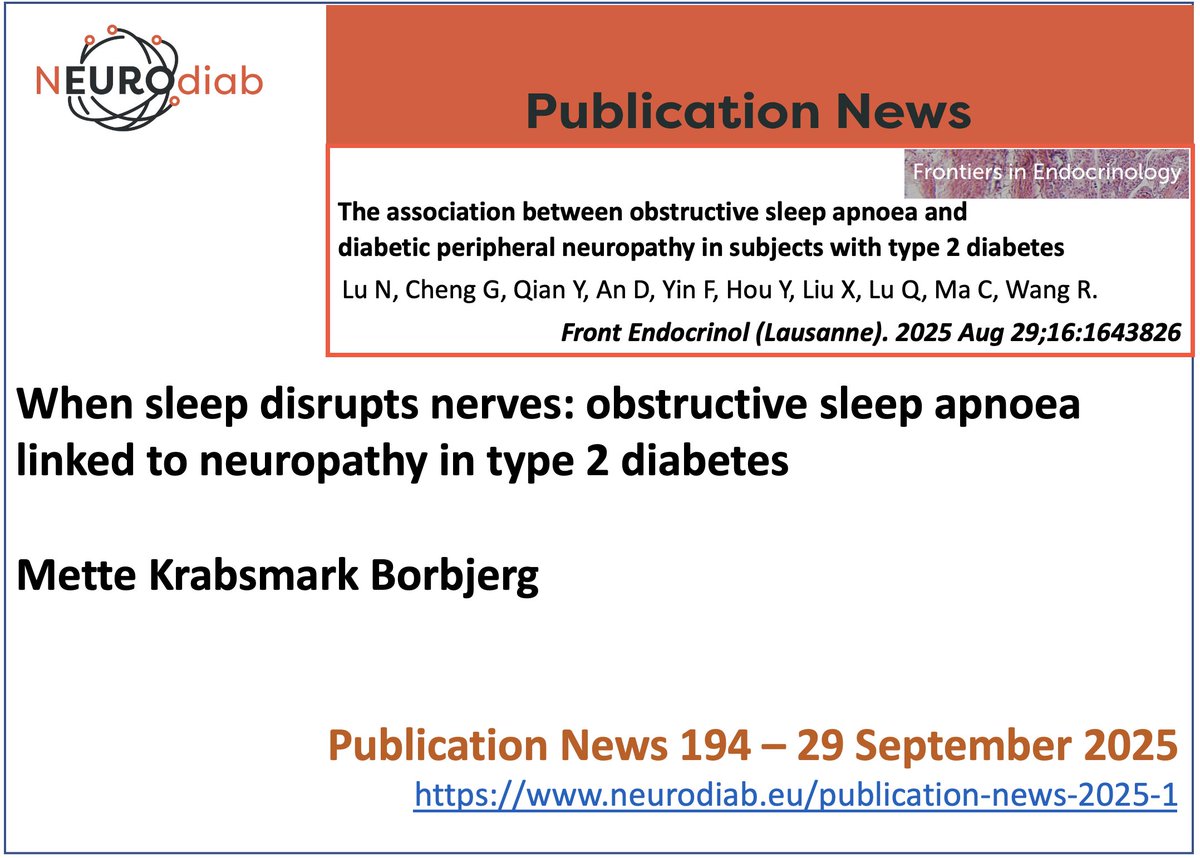 When sleep disrupts nerves: obstructive sleep apnoea linked to neuropathy in type 2 diabetes
On Neurodiab website a signaling of articles on #diabeticneuropathy
The 194th NEUROdiab Publication News is by 
Mette Krabsmark Borbjerg
(neurodiab.eu/publication-ne…)
