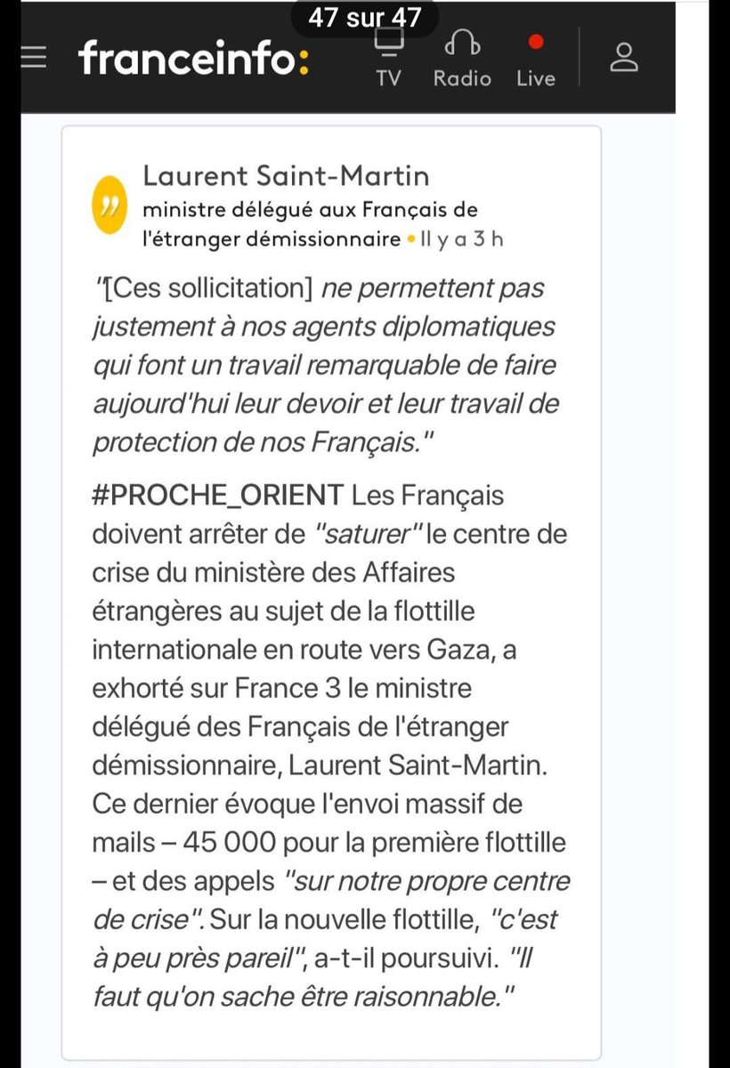 thomas_guenole's tweet photo. Selon @franceinfo , en France, le ministère des Affaires étrangères se plaint d'être submergé par les appels téléphoniques et les mails (plus de 45 000 !), exigeant que la diplomatie et la marine s'activent pour protéger les citoyens français à bord de la #globalsumudflotilla !
À bord de l'Aurora, lorsque nous avons appris cela, nous avons été émus aux larmes. Savoir que tant de personnes se mobilisent à ce point pour nous aider, nous donne davantage de force et de courage dans la dernière ligne droite.
Les équipes au sol de la flotte humanitaire ont mis au point un site Internet pour vous aider, si vous le souhaitez, à écrire vous aussi aux autorités françaises. C'est simple comme quelques clics, et c'est par ici : 
https://t.co/uIkvUBbxJV
Fidèlement, 
Thomas
@francediplo