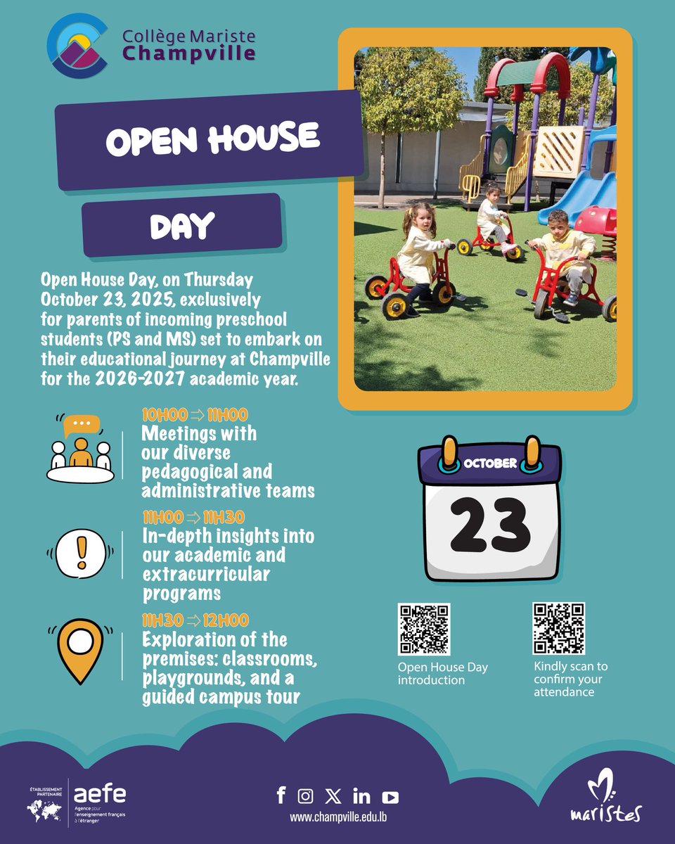 🔑 Journée Portes Ouvertes 

📅 Jeudi 23 octobre 2025

⏰ De 10h00 à 12h00

Nous vous donnons rendez-vous pour découvrir notre établissement, échanger avec nos équipes et apprendre davantage sur nos projets, nos valeurs et nos activités.