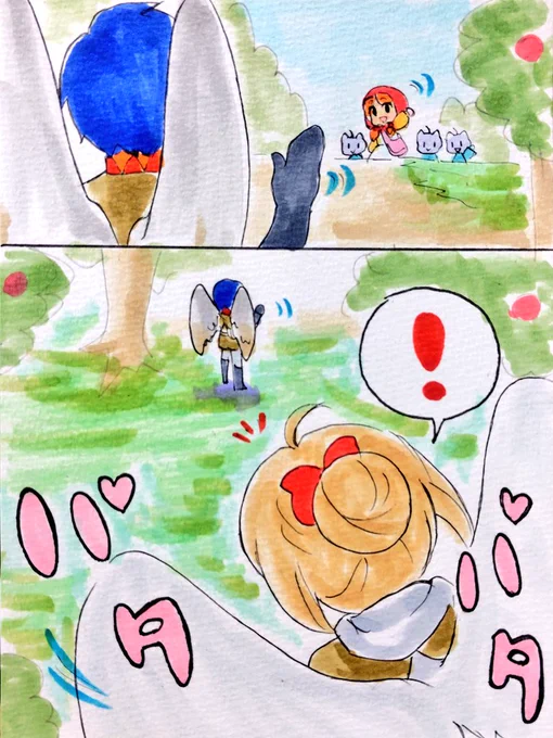 【チトセの1日】⑰〜⑳

常にクールな印象のトリヒト族の青年【キーちゃん】(?)でしたが、ヒナの前では笑顔全開になり、口調もやや幼くなります🥰

これから果実の森で仲良くリンゴ採集です
🍎🎀🪶🎶
#イラスト
#イラスト好きな人と繋がりたい 
#オリキャラ
#一次創作
#四コマ 