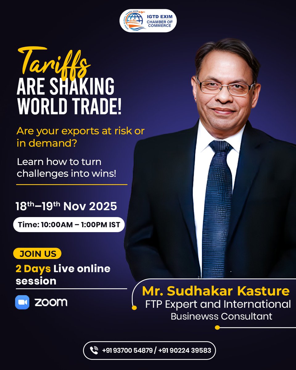 KDSushma's tweet image. 🌏 Ready to grow your exports? Join our 2-day online webinar on 18–19 Nov, 10 AM–1 PM IST. Learn about Trump’s tariffs, FTAs, CAROTAR 2020 &amp;amp; more from EXIM expert Sudhakar Kasture (41+ Years Experience).

📞 +91 93700 54879 / 90224 39583
#ExportImport #GlobalTrade #EXIMBusiness