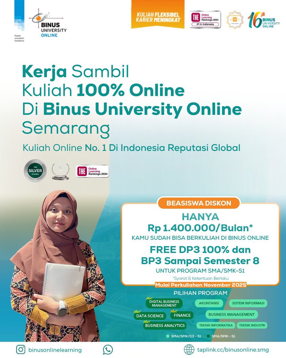[BINUS ONLINE ONLY] Kabar gembira 🥳
Kuota beasiswa untuk lulusan SMA/K dan D3 kini hadir lagi ya guys! 

yuk langsung daftar atau chat wa wa.me/6282245530400 untuk tutorial pendaftarannya 🥳🥳