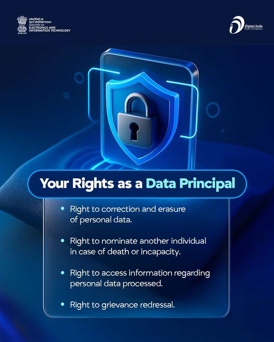 _DigitalIndia's tweet photo. As a Data Principal, you have important rights under the DPDP Act. You can access, correct, erase, or nominate someone for your data in case of incapacity. 

You also have the right to grievance redressal if your data is mishandled.

The Act empowers you to take control of your personal information.

#DataRights #DPDPA #DigitalIndia