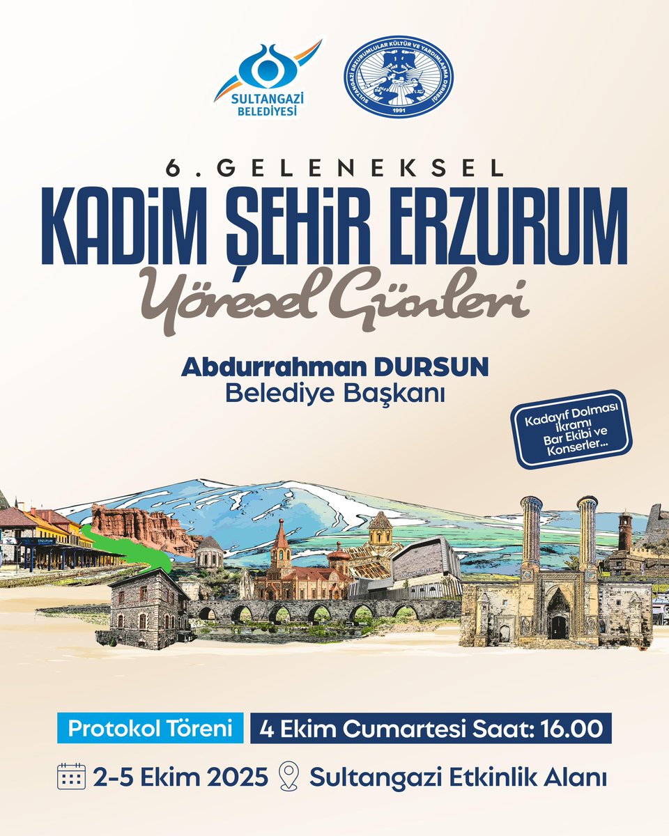 Anadolu Kültür Festivali bu hafta Erzurum’un güzellikleri ve kültürel değerlerini komşularımızla buluşturuyor.

2-5 Ekim tarihleri arasında düzenlenecek olan 6. Geleneksel Kadim Şehir Erzurum Yöresel Günleri’ne tüm komşularımız davetlidir.

📆 2-5 Ekim
📍 Sultangazi Etkinlik