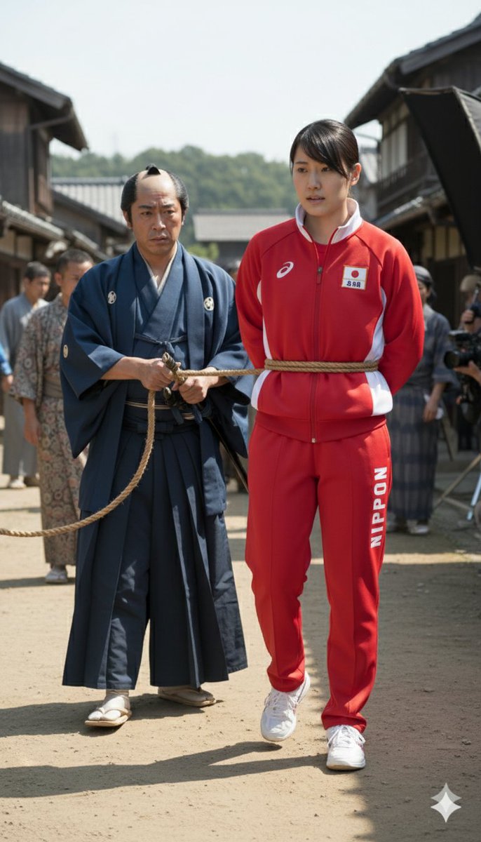 kintoresm's tweet photo. AIでジャージ姿の女性が時代劇で連行されるシーン撮影風景を作成した。 https://t.co/exXC2HQLck