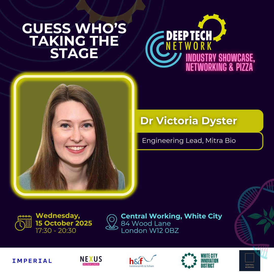 HelloUpstream's tweet image. As the countdown to the Deep Tech Network Industry Showcase continues, here’s another brilliant voice who will be with us on 15 October: Dr Victoria Dyster, PhD 👇
lnkd.in/ds6wT8d3
#DeepTechNetwork #WestLondonInnovators #WCID #Bioelectronics #ScienceMeetsBusiness