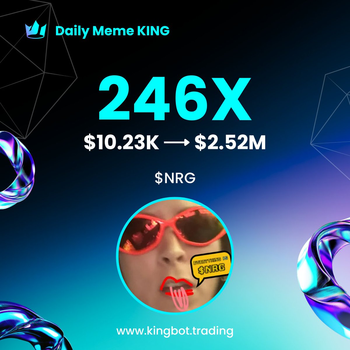 Kingbot_Trading's tweet photo. 📕 CA: 9f52wiW2zrt2497HroMHtZtuj7VzWu4AsEusmW3pump

$NRG is short for “energy” — a clean, powerful symbol of drive and self-realization. The project narrative frames $NRG as a token to fuel better lives through energy and scalable community subscriptions.

Key Data:
・Market Cap: $1.35M
・Liquidity: $143.4K (343.85 SOL)
・Holders: 254
・Total Supply: 1B
・Launch Date: 2025/09/29
Community Heat: ⭐️⭐️⭐️
#NRG #Solana #MemeCoin #Crypto #Web3