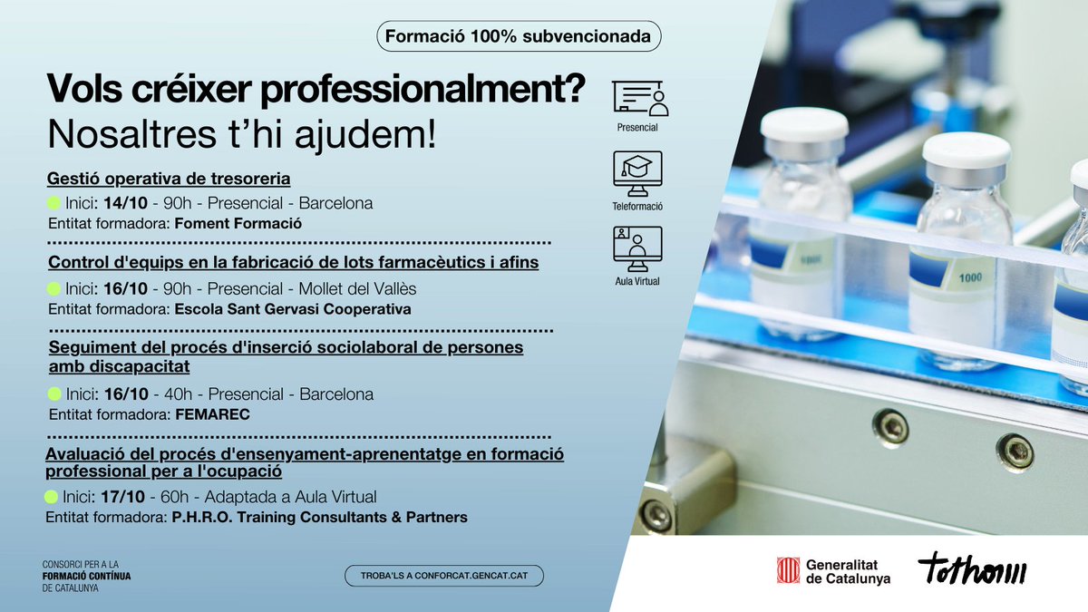 fpo_continua's tweet photo. 📢 Cursos d'especialitats sectorials i competències transversals 💯% subvencionats!

🗓️ Amb data d'inici entre el 14 i el 17 d'octubre.

@fomentformacio
@femarec
@PHROfollowers

💻Consulta tots els #cursos al nostre cercador: https://t.co/bX4J2Ym60N

#Formació https://t.co/cZHkipYJUa