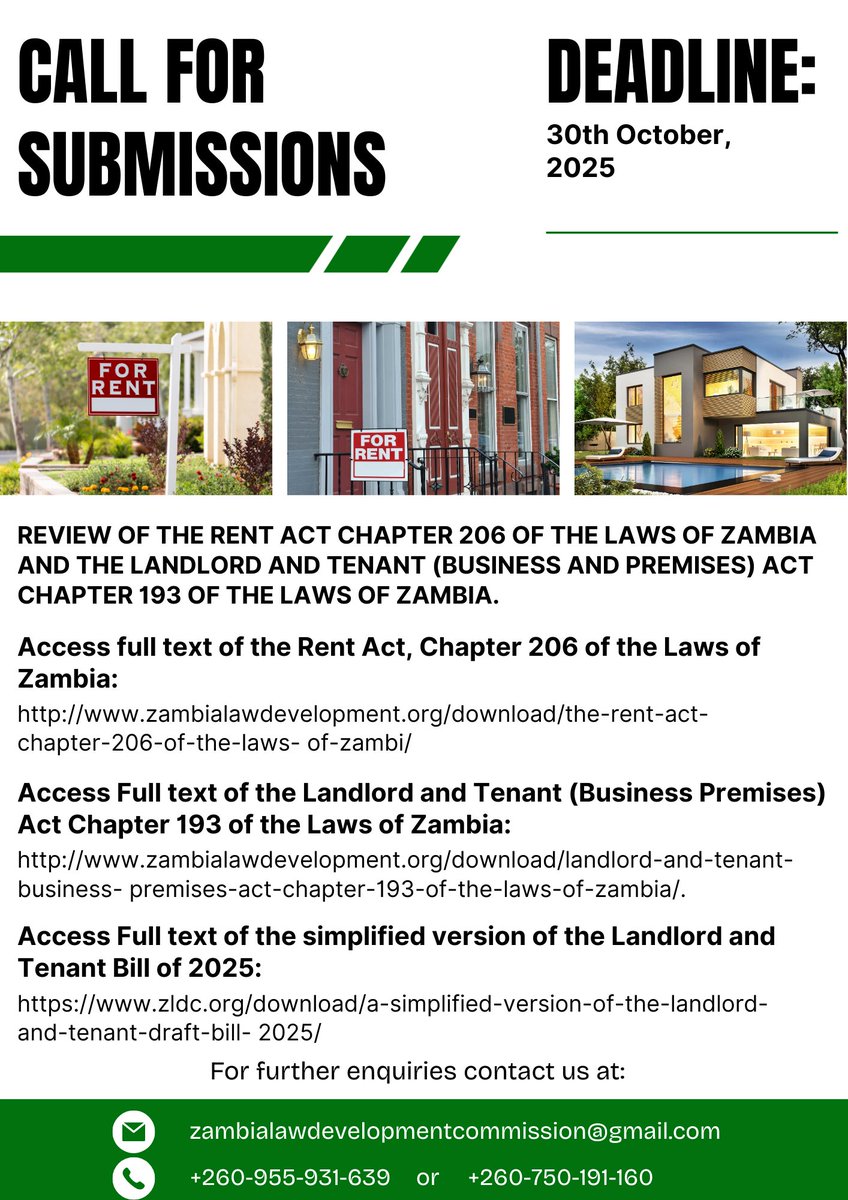 zambia_law's tweet image. The Zambia Law Development Commission is in the process of reviewing the Rent Act Chapter 206 of the Laws of Zambia and the Landlord and Tenant (Business and Premises) Act Chapter 193 of the Laws of Zambia. Access full details here: zldc.org/2745-2/
