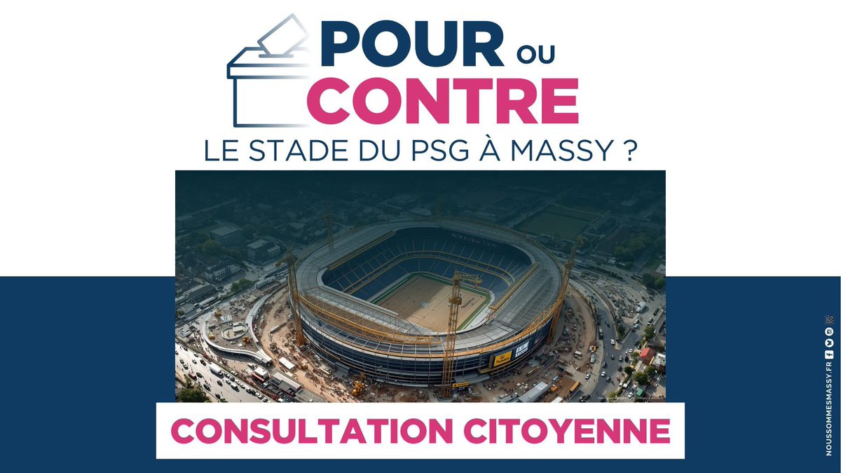 🗳 Vous souhaitez participer à la consultation citoyenne : POUR ou CONTRE le stade du #PSG à #Massy ?

↪️ Des points de vote sont disponibles dans votre quartier pour compléter le système de vote en ligne. 

📅 Dates et lieux sur notre site.

🔗 noussommesmassy.fr/agenda/