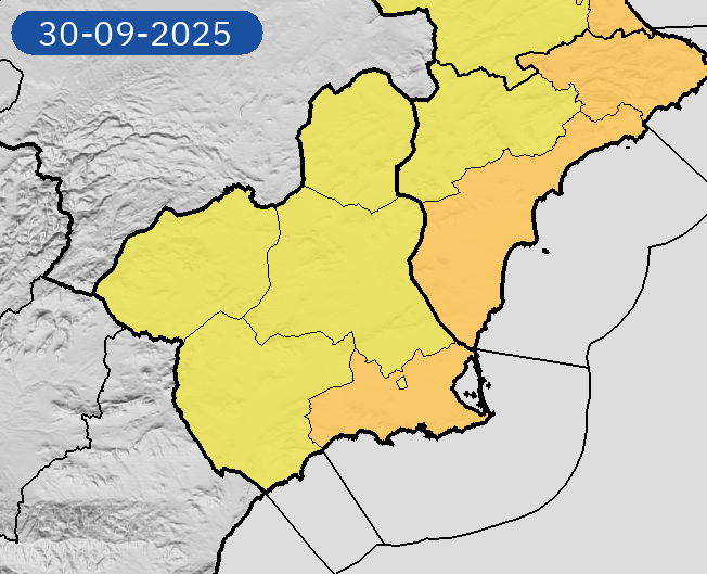 AEMET_Murcia's tweet photo. 29/09 11:36 Avisos  activos hoy y mañana en Región de Murcia por lluvias y tormentas. Nivel máximo de aviso: naranja.
Actualizaciones en https://t.co/gQDupQ393c https://t.co/Xfr6cZt1H6