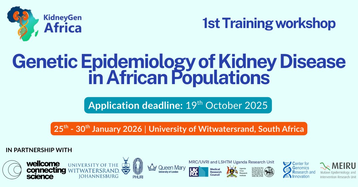 ✍️Are you an early-mid career researcher in Africa with interest in Genetics? 

✍️Apply for  KidneyGenAfrica 5-day course offered <a href="/WitsUniversity/">Wits University</a> , Jo'burg, 25th–30th Jan 2026.

Apply by: 19thOct at 11pm BST.
For further details and to apply, visit: kidneygenafrica.org/kidneygenafric…