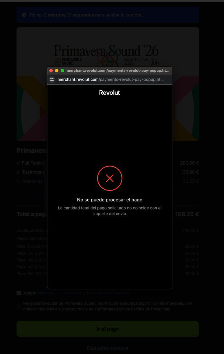 DanHidalz's tweet photo. Hola @Primavera_Sound la pasarela de pagos está fallando en AccessTickets con el descuento de Revolut. ¿Se arreglará hoy? https://t.co/CYdkjRziwK