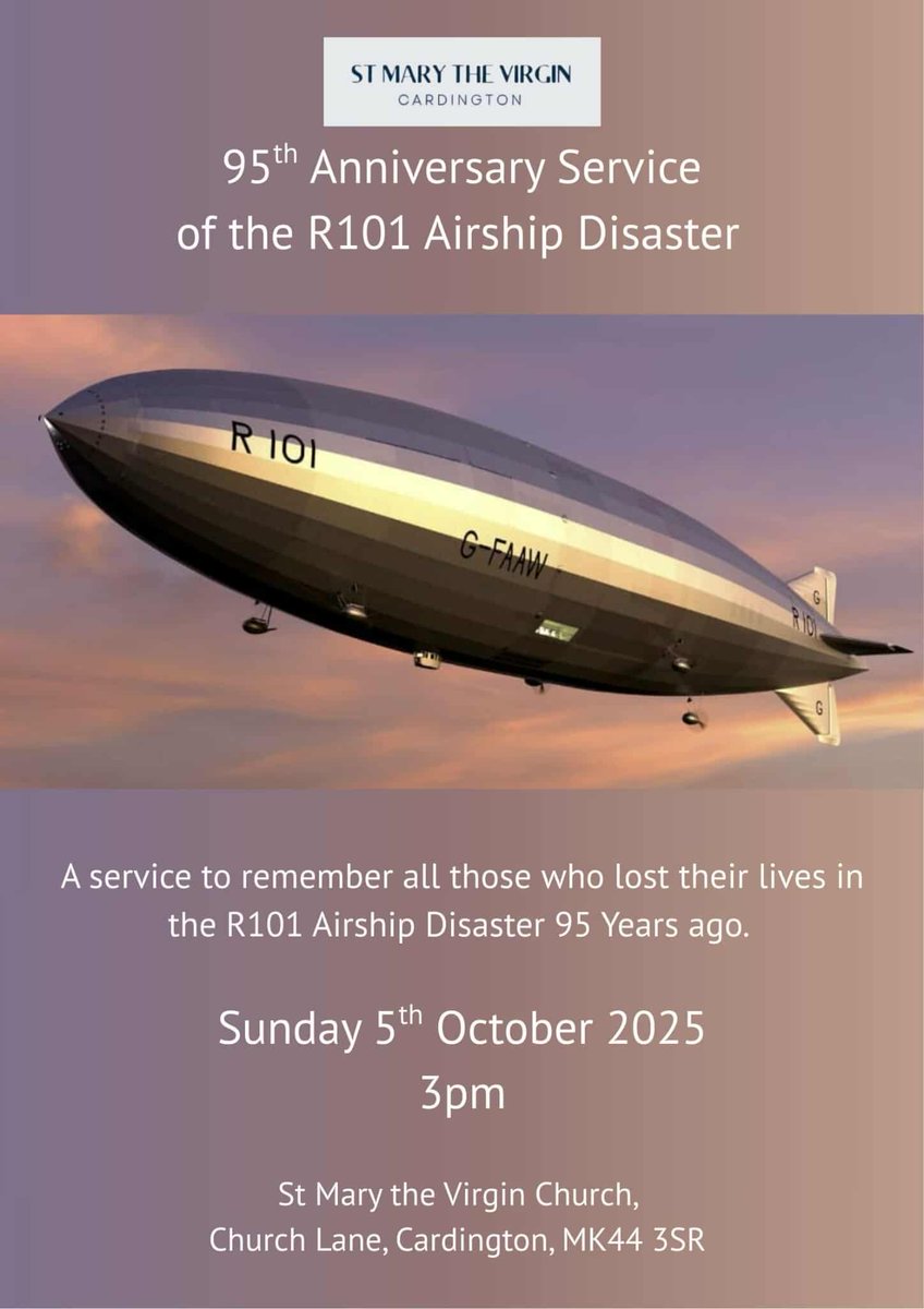 This Oct the and 5th.

95th R101 anniversary events.

#Bedford
#Bedfordshire
#Cardington
#Airship
#empireoftheclouds
#IronMaiden
#Cardington