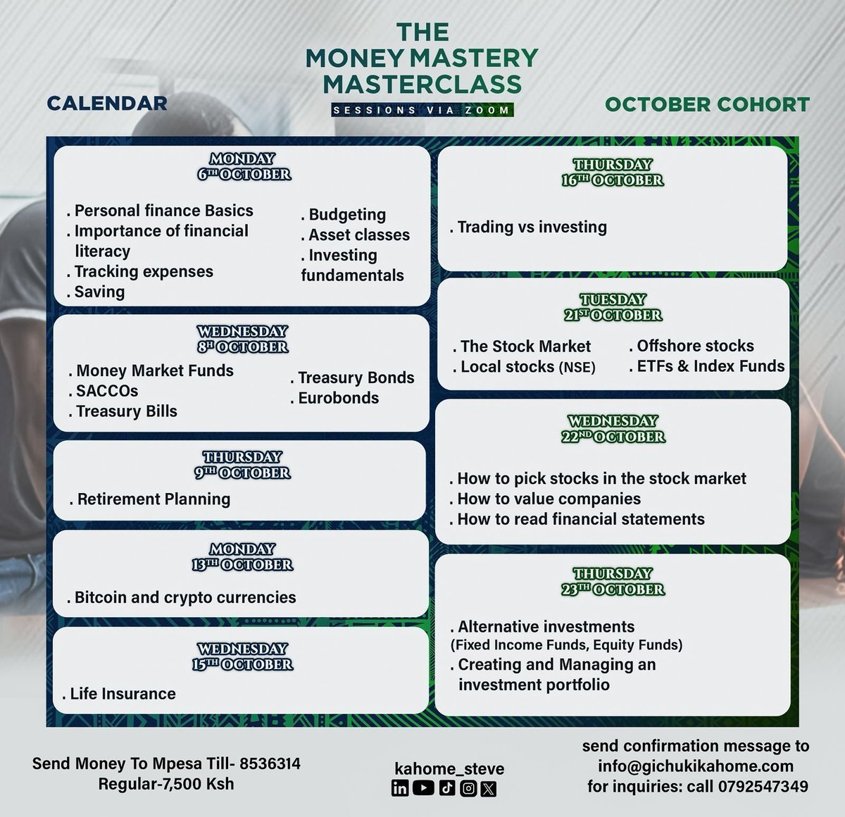 Registration for our October cohort of the Money Mastery Masterclass closes this week.

This is our last cohort for 2025.

Register via the link below to book your slot.

All details on the posters below.