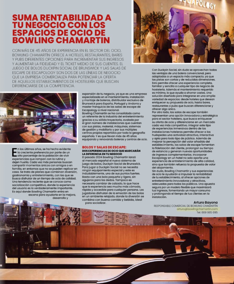 ¡𝗦𝗼𝗺𝗼𝘀 𝗻𝗼𝘁𝗶𝗰𝗶𝗮! 👏👏👏
La revista <a href="/Hosteleria_/">Revista HOSTELERÍA</a>  se ha hecho eco de nuestra trayectoria y nuestras últimas novedades para hacer del ocio un sector más competitivo.

👉 Conoce cómo en Bowling Chamartín podemos ayudarte a sumar rentabilidad a tu negocio 🔝

#boleras