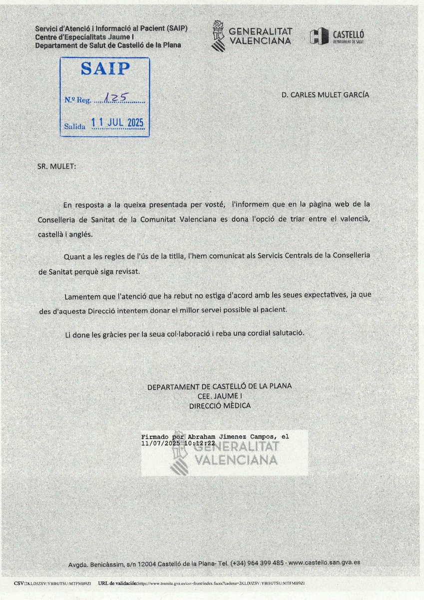 Carles Mulet Garcia (@carlesmulet) on Twitter photo De nou <a href="/elSindic/">Síndic de Greuges CV</a> crida l'atenció a <a href="/GVAsanitat/">GVA Sanitat</a> per vulnerar constantment els drets lingüístics. Els ciutadans estem desprotegits, no hi ha cap opció política que estiga atenta a aquestes agressions, hem de defensar-nos pel nostre compte. Prenem nota. No queda altra que actuar. De nou <a href="/elSindic/">Síndic de Greuges CV</a> crida l'atenció a <a href="/GVAsanitat/">GVA Sanitat</a> per vulnerar constantment els drets lingüístics. Els ciutadans estem desprotegits, no hi ha cap opció política que estiga atenta a aquestes agressions, hem de defensar-nos pel nostre compte. Prenem nota. No queda altra que actuar.