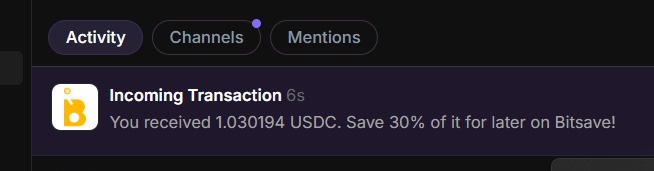 gm 💰 Savvies!

We just shipped a new update on our Farcaster MiniApp🚀

Now, whenever USDC lands in your <a href="/farcaster_xyz/">Farcaster</a> wallet on <a href="/base/">Base</a> <a href="/Celo/">Celo</a>, you’ll get a Savvy notification prompting you to auto-save 30% of your creator earnings 💰✨

🔔 Live now for USDC on Base
⚡️ Threshold