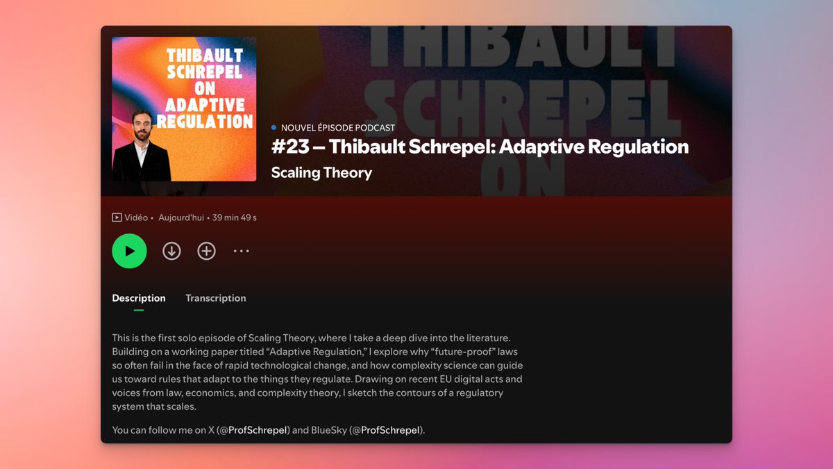 ProfSchrepel's tweet image. For the first time, I recorded a solo episode of #ScalingTheory. I take a deep dive into adaptive regulation; why “future-proof” laws fall short, and how we can build rules that truly evolve with technology.