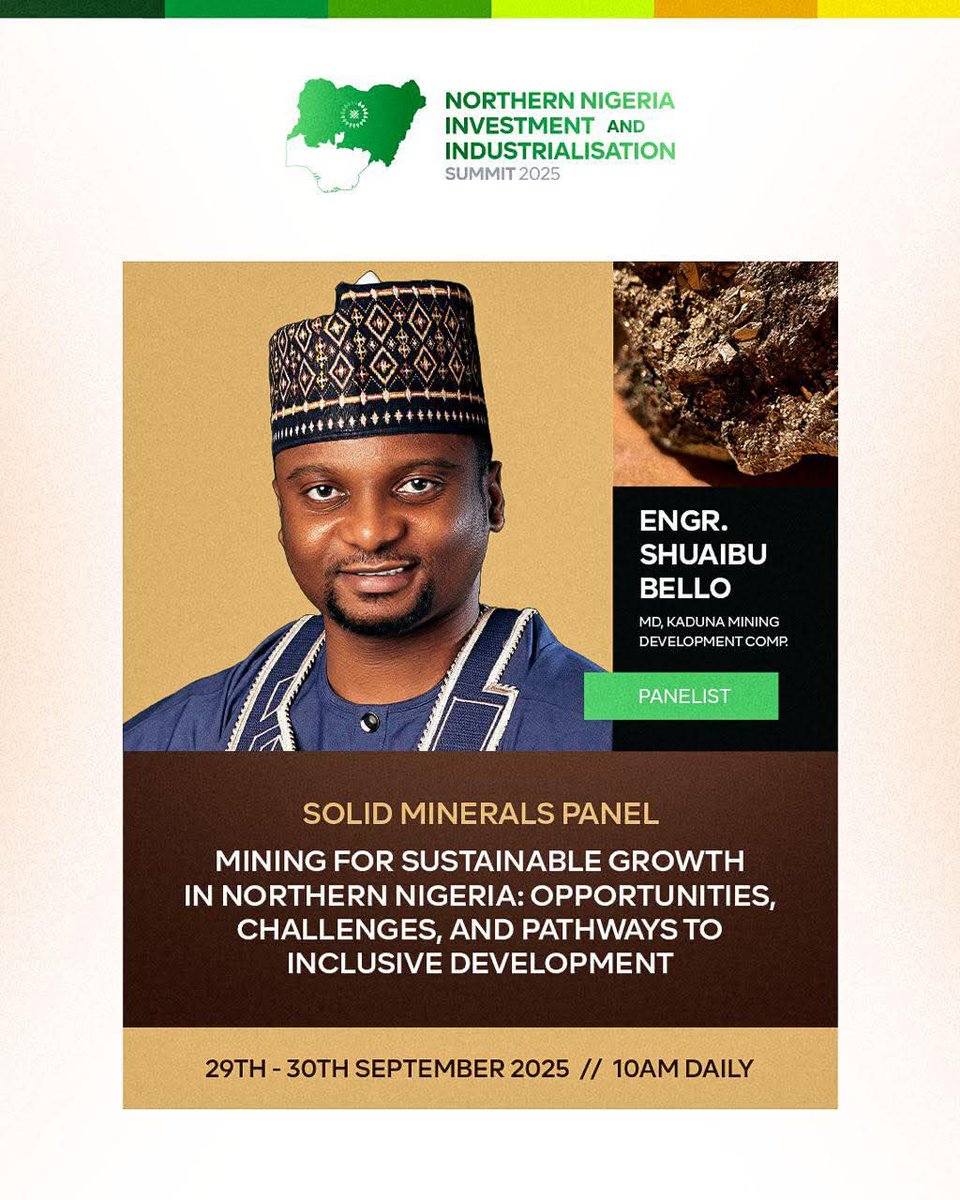 KMDC_kdsg's tweet photo. NOTHERN NIGERIA INVESTMENT AND INDUSTRIALIZATION SUMMIT (NNIIS 2025)! 

The Managing Director of Kaduna Mining Development Company @KMDC_kdsg  Engr Shuaibu Kabir Bello is a special guest &amp; panelists at the ongoing NNII 2025 summit. https://t.co/EiWz57mfl1