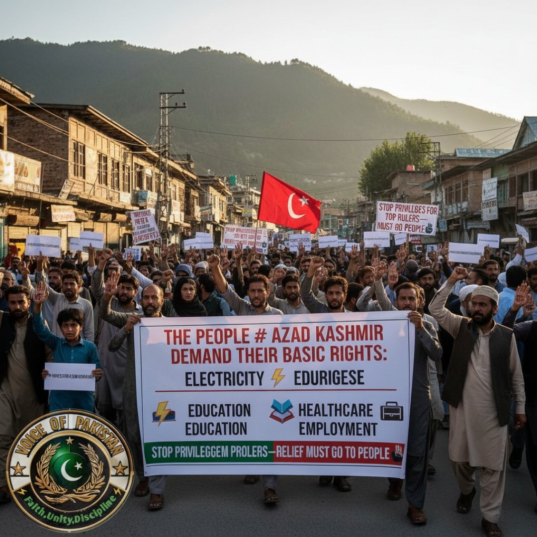 V_O_Pakistan's tweet photo. The people of Azad Kashmir demand their basic rights: electricity, education, healthcare &amp; employment.
Stop privileges for the rulers—relief must go to the people .
September 29: A decisive protest, it’s time to break the silence .

#VoiceForAzadKashmir
@V_O_Pakistan https://t.co/ClRqFNRmNg
