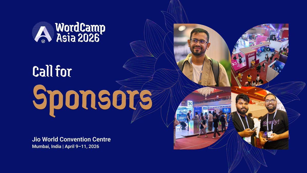 WordCampAsia's tweet image. Call for Sponsors is OPEN for WordCamp Asia 2026! 🚀 

Sponsor Asia’s largest #WordPress event &amp;amp; reach 2,500+ attendees:
- Connect with agencies &amp;amp; leaders 
- Gain onsite &amp;amp; online visibility
- Support open source powering 43% of the web 🌟

👉 Apply: buff.ly/NNAXJwL…