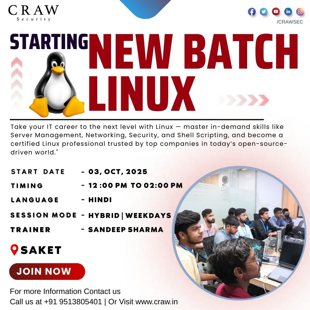 crawsec's tweet image. 🔥 New Linux Batch Alert! 🔥
🆔 Batch: LINUX
📅 Starts: 3rd Oct 2025
🕒 12 PM – 02 PM | 🌐 Hindi | 🖥 Hybrid
🐧 Hands-on Linux training for IT, Cybersecurity & Networking enthusiasts!
💻 Zero to Pro with live practicals & expert guidance.
#LinuxTraining #LearnLinux