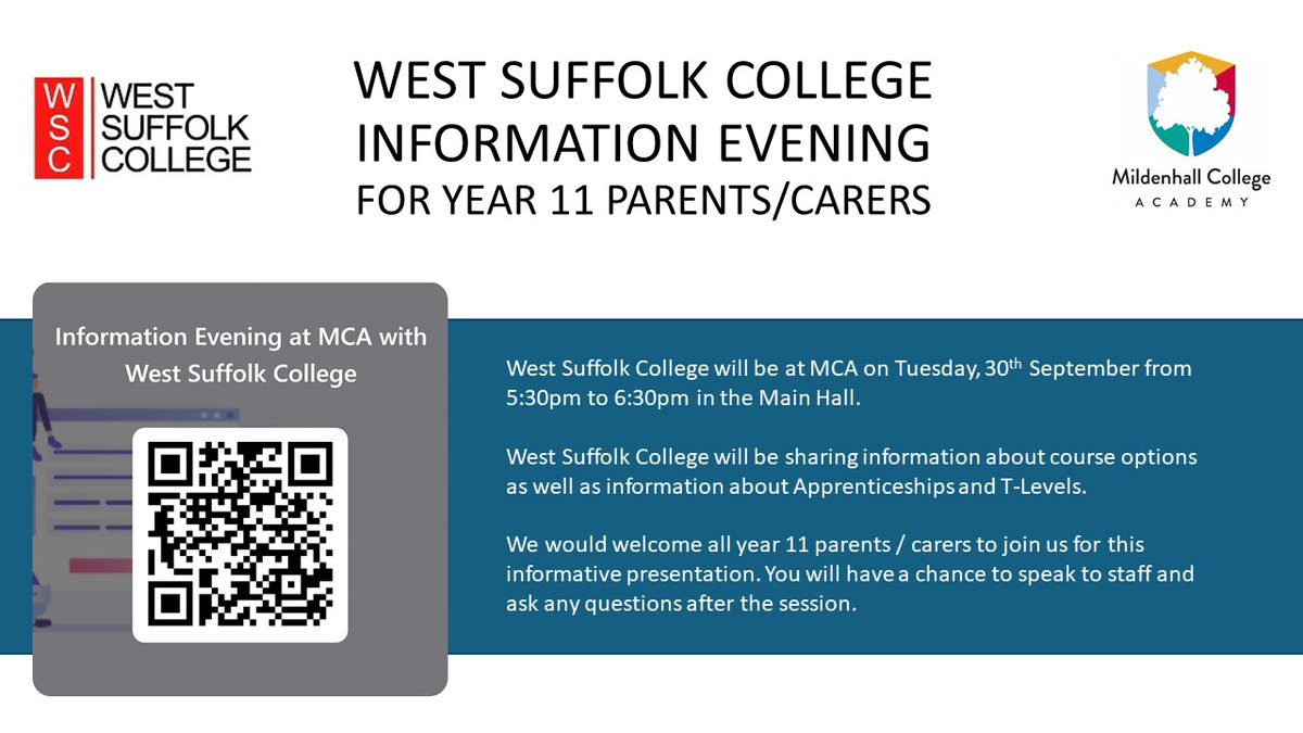 Tomorrow evening we welcome <a href="/WestSuffolk/">West Suffolk College 🏳️‍🌈</a> into the academy for a Year 11 information evening. Please follow this link to register your interest: forms.office.com/e/FcX0vdHxeT