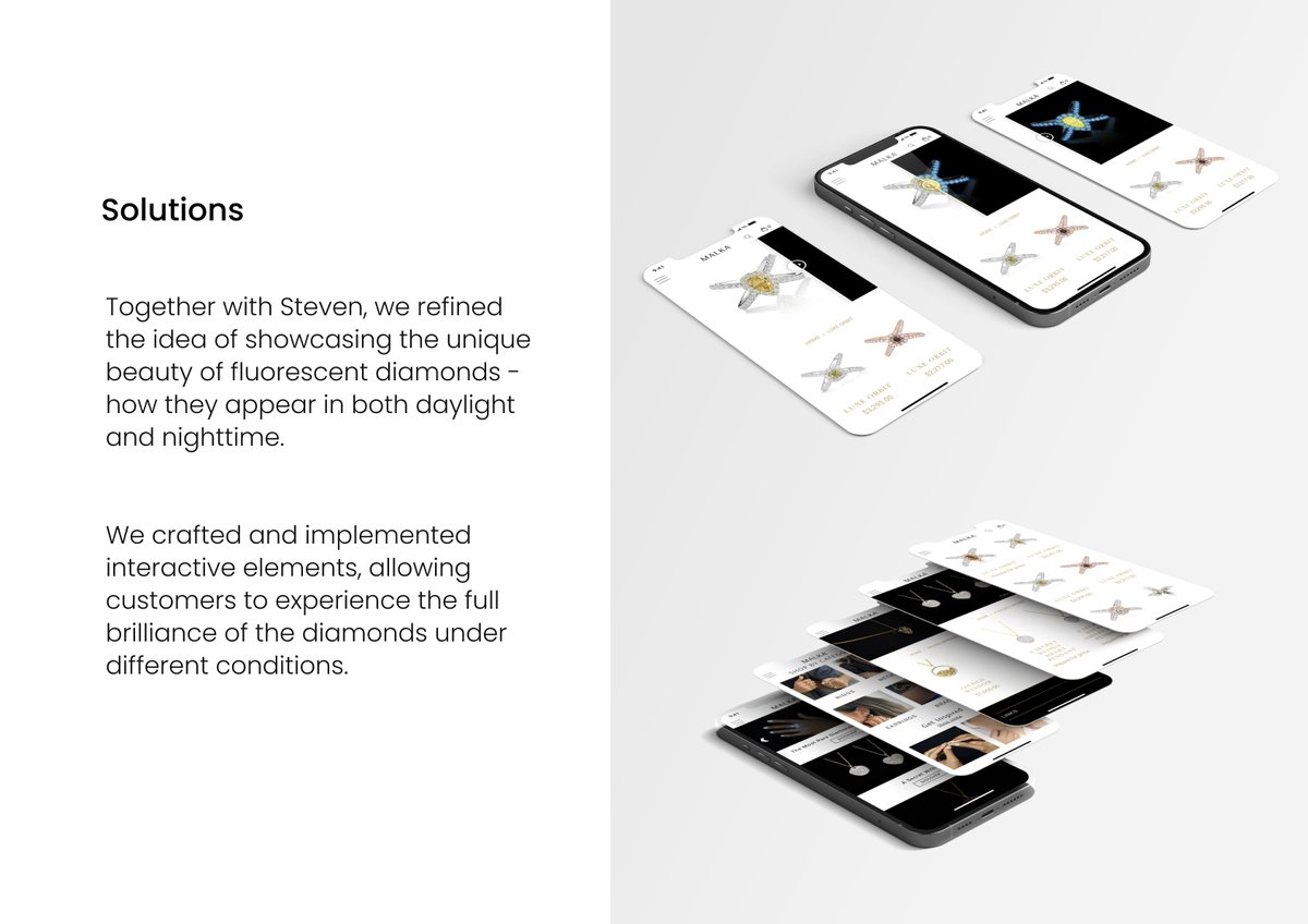 not_justidea's tweet photo. We had the privilege of collaborating with MALKA - a unique brand that uses nature’s rarest gift: fluorescent diamonds.
We crafted and implemented a website, allowing customers to explore the full brilliance of the diamonds under different lighting conditions. 

#design #idea https://t.co/3ZK8LKzHCw