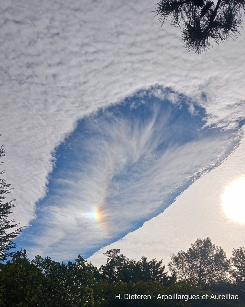 WetterOnline's tweet image. 🌤️ Loch in der Wolke? Das ist eine seltene Hole Punch Cloud!
✈️ Entsteht, wenn Flugzeuge unterkühlte Wolken durchqueren und dabei ein kreisrundes Loch in den Himmel „stanzen“. Faszinierend, oder? 🌍✨ 

#holepunchcloud #sky #cloud #clouds