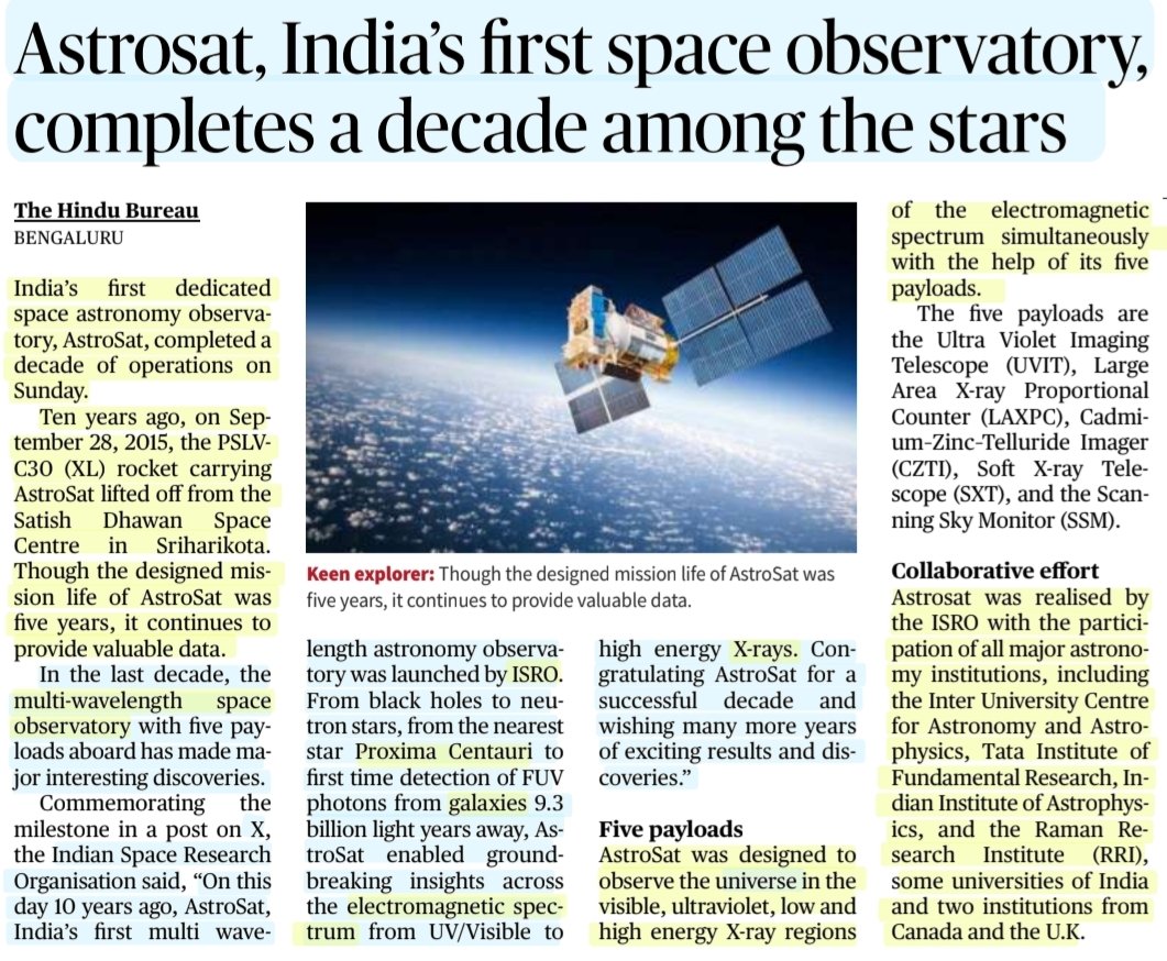 imRavikantYadav's tweet image. Astrosat, India&apos;s first Space Observatory, completes a decade among the stars

Multi-Wavelength Space Observatory 

:Details

#AstroSat #SpaceObservatory #India #ISRO
#Research #Space #universe #Galaxy
#ElectrimagneticSpectrum #Xrays
#Science

#UPSC 

Source: TH